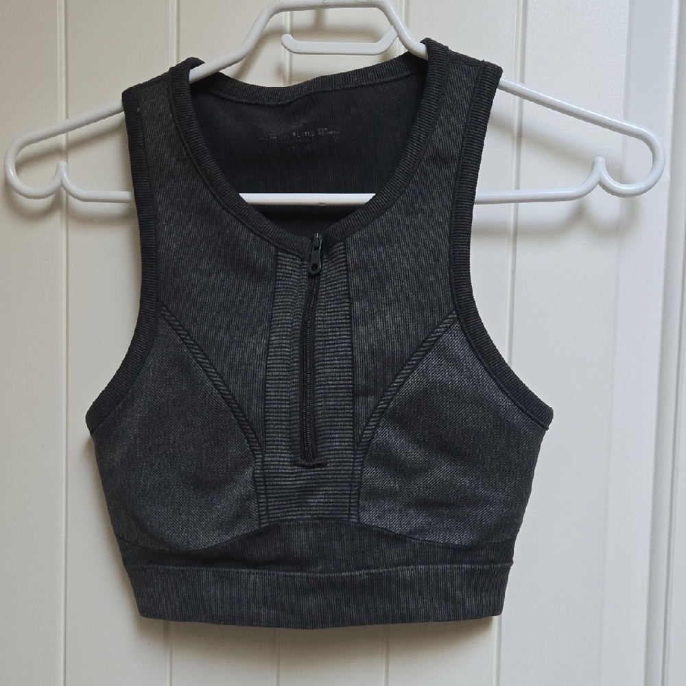 Dark Gray Ribbed Zipper Crop Bra Top Running